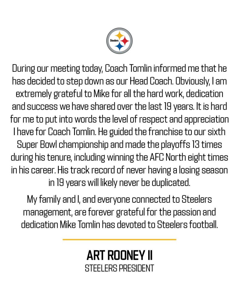 Image for the Tweet beginning: Statement from Steelers President Art